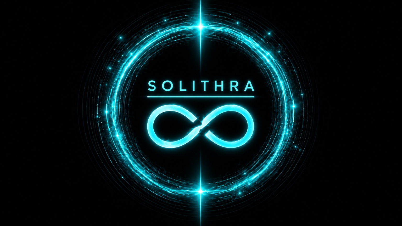 Solithra logo: glowing cyan infinity symbol inside a circular ring on a black background